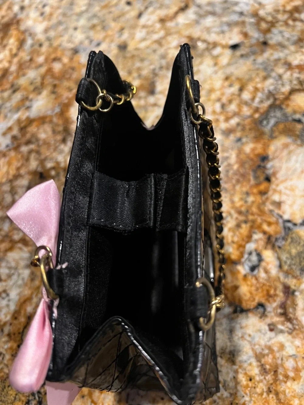 Small bag Patent Black with Pink Poodle Patch and Bow